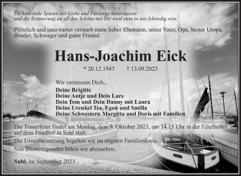 Traueranzeige von Hans-Jochaim Eick von Südthüringer Presse