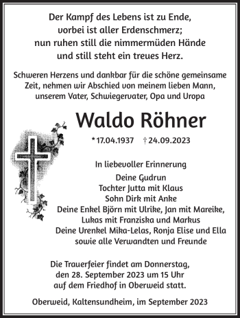 Traueranzeige von Waldo Röhner von Südthüringer Presse