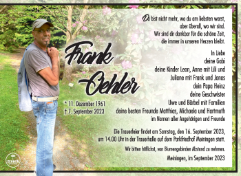 Traueranzeige von Frank Oehler von Südthüringer Presse