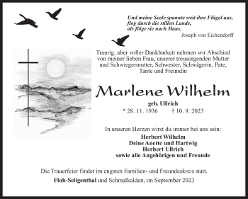 Traueranzeige von Marlene Wilhelm von Südthüringer Presse