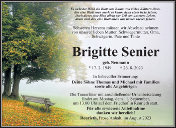 Traueranzeige von Brigitte Senier von Südthüringer Presse