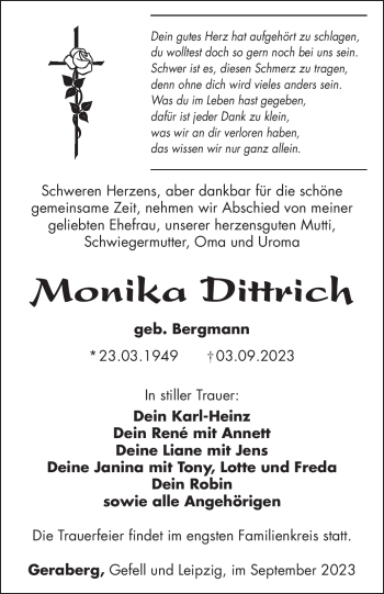 Traueranzeige von Monika Dittrich von Südthüringer Presse
