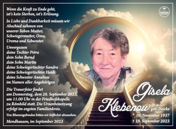 Traueranzeige von Gisela Klebenow von Südthüringer Presse