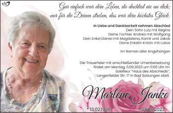 Traueranzeige von Marlene Janke von Südthüringer Presse