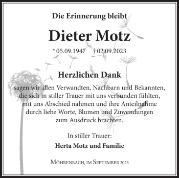 Traueranzeige von Dieter Motz von Südthüringer Presse
