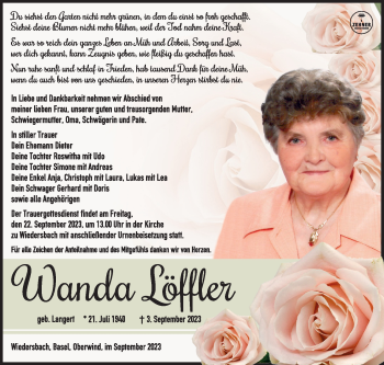 Traueranzeige von Wanda Löffler von Südthüringer Presse