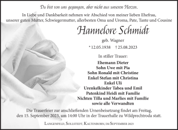 Traueranzeige von Hannelore Schmidt von Südthüringer Presse