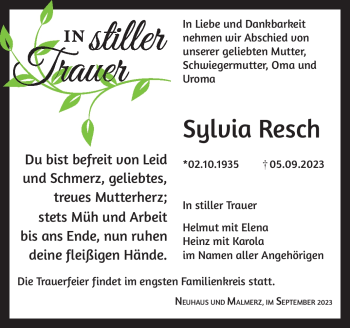 Traueranzeige von Sylvia Resch von Südthüringer Presse