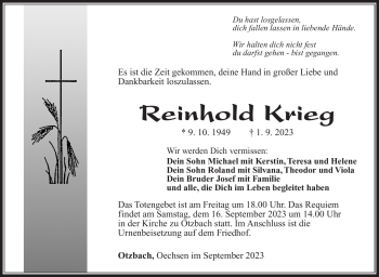 Traueranzeige von Reinhold Krieg von Südthüringer Presse