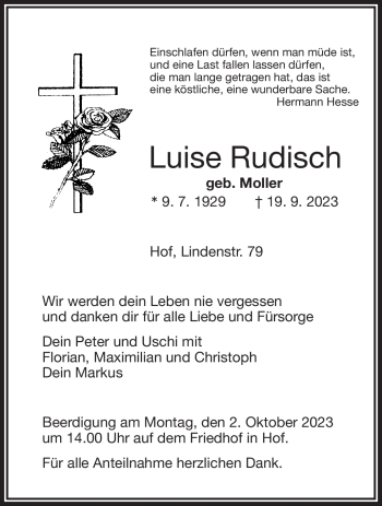 Traueranzeige von Luise Rudisch von Frankenpost
