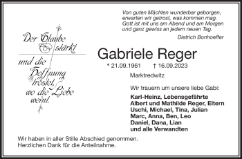 Traueranzeige von Gabriele Reger von Frankenpost