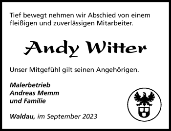 Traueranzeige von Andy Witter von Südthüringer Presse