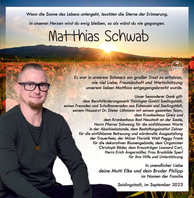  Traueranzeige für Matthias Schwab vom 23.09.2023 aus Südthüringer Presse