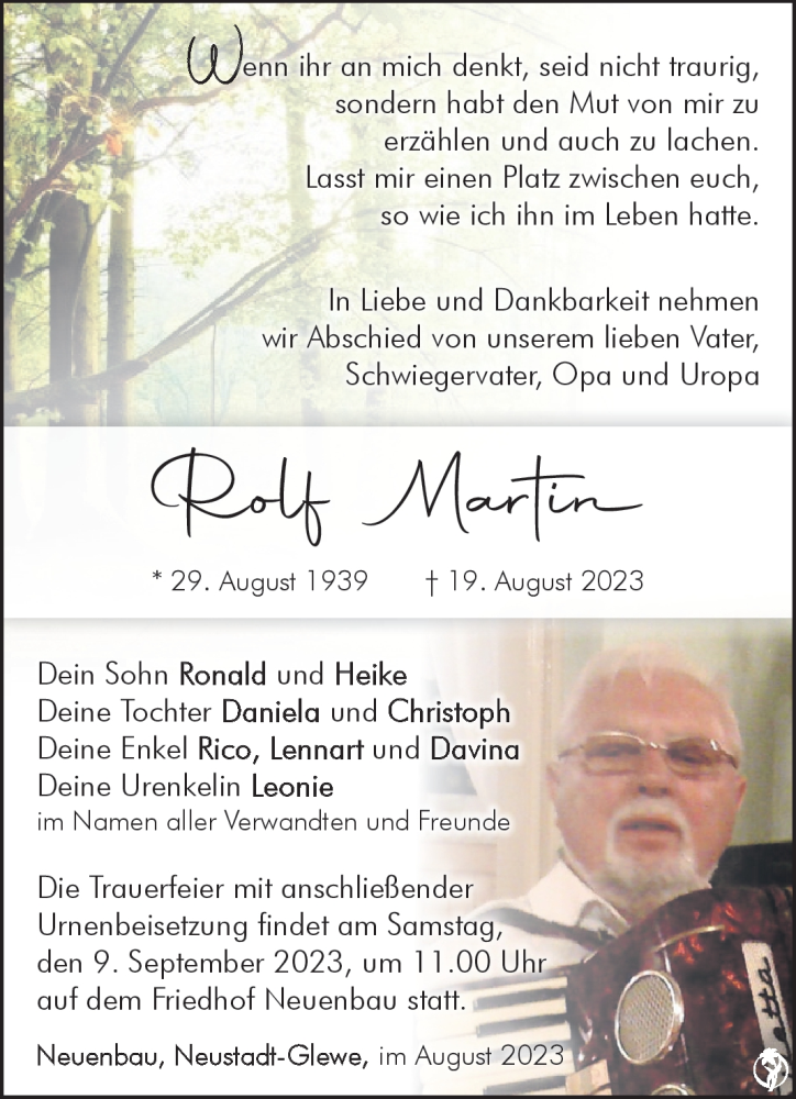  Traueranzeige für Rolf Martin vom 02.09.2023 aus Südthüringer Presse