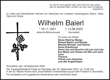 Traueranzeige von Wilhelm Baierl von Neue Presse Coburg