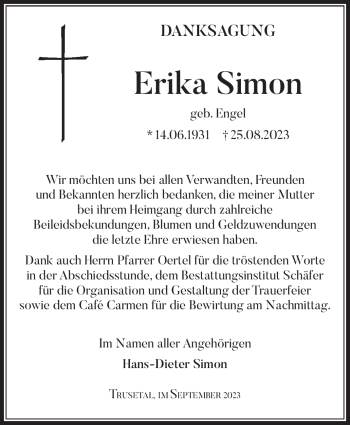 Traueranzeige von Erika Simon von Südthüringer Presse