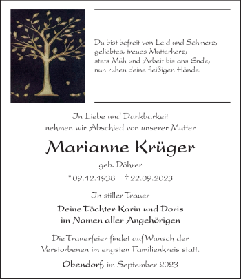 Traueranzeige von Marianne Krüger von Südthüringer Presse
