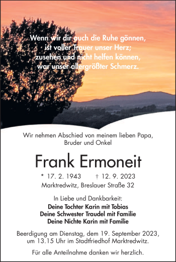 Traueranzeige von Frank Ermoneit von Frankenpost