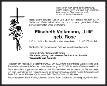 Traueranzeige von Elisabeth Volkmann von Frankenpost