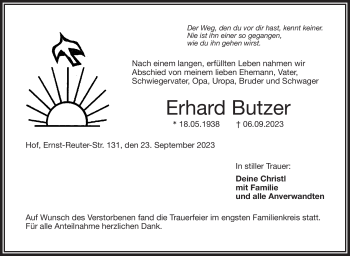Traueranzeige von Erhard Butzer von Frankenpost