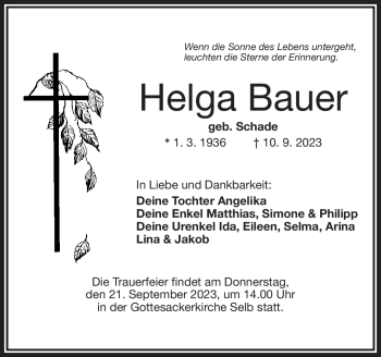 Traueranzeige von Helga Bauer von Frankenpost