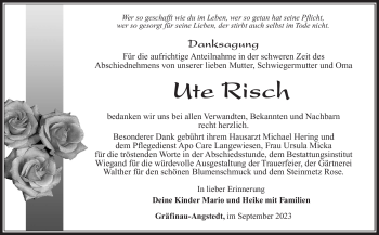 Traueranzeige von Ute Risch von Südthüringer Presse