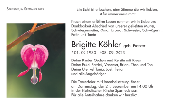 Traueranzeige von Brigitte Köhler von Frankenpost
