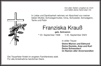 Traueranzeige von Franziska Krauß von Frankenpost