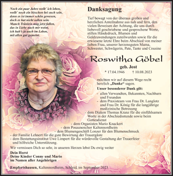 Traueranzeige von Roswitha Göbel von Südthüringer Presse