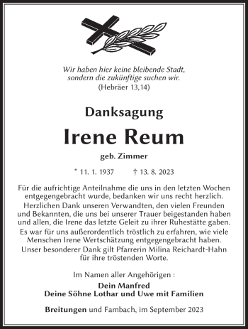 Traueranzeige von Irene Reum von Südthüringer Presse