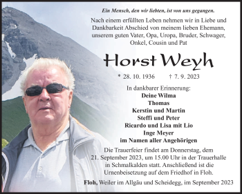 Traueranzeige von Horst Weyh von Südthüringer Presse