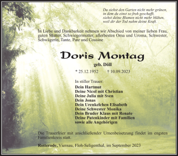 Traueranzeige von Doris Montag von Südthüringer Presse