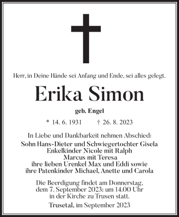 Traueranzeige von Erika Simon von Südthüringer Presse