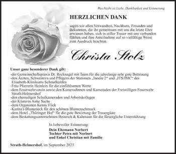 Traueranzeige von Christa Stolz von Südthüringer Presse