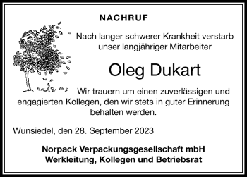 Traueranzeige von Oleg Dukart von Frankenpost