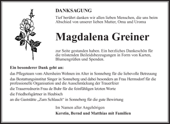 Traueranzeige von Magdalena Greiner von Südthüringer Presse