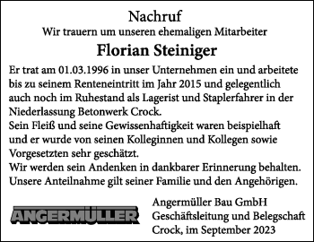 Traueranzeige von Florian Steiniger von Neue Presse Coburg