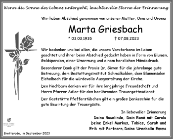 Traueranzeige von Marta Griesbach von Südthüringer Presse