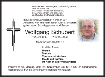 Traueranzeige von Wolfgang Schubert von Frankenpost