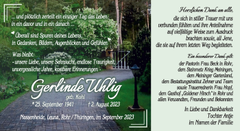 Traueranzeige von Gerlinde Uhlig von Südthüringer Presse