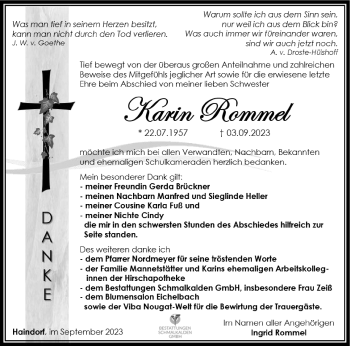 Traueranzeige von Karin Rommel von Südthüringer Presse