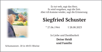 Traueranzeige von Siegfried Schuster von Südthüringer Presse