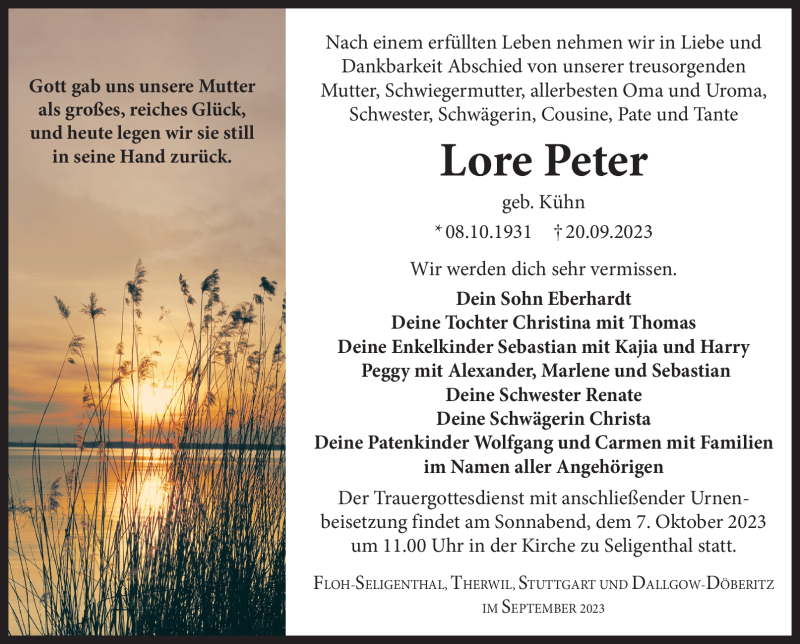  Traueranzeige für Lore Peter vom 30.09.2023 aus Südthüringer Presse