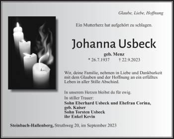 Traueranzeige von Johanna Usbeck von Südthüringer Presse