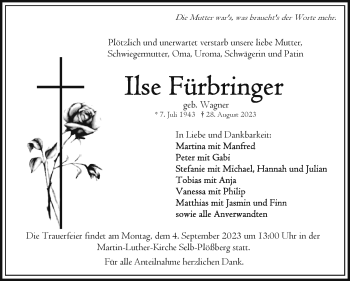 Traueranzeige von Ilse Fürbringer von Frankenpost