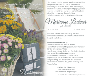 Traueranzeige von Marianne Lochner von Südthüringer Presse