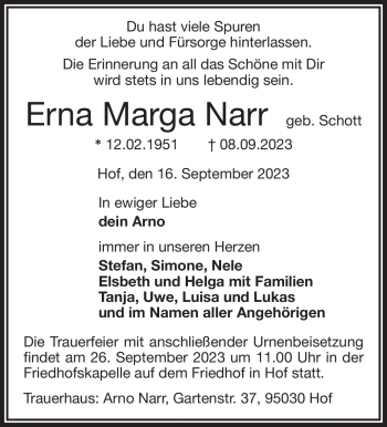 Traueranzeige von Erna Marga Narr von Frankenpost