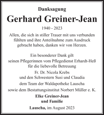 Traueranzeige von Gerhard Greiner-Jean von Südthüringer Presse