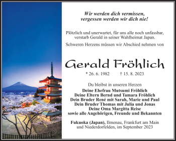 Traueranzeige von Gerald Fröhlich von Südthüringer Presse