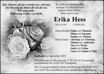 Traueranzeige von Erika Hess von Neue Presse Coburg